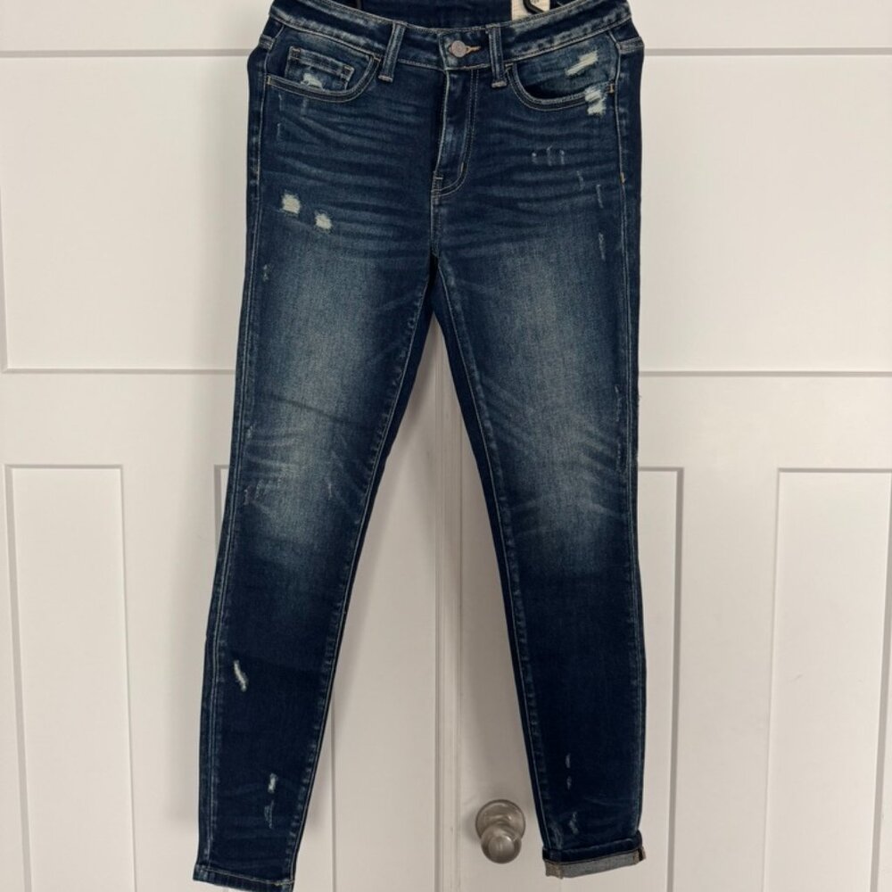 Bridge by GLY Mid-Rise Skinny Jeans Women’s Size 26 Distressed Dark Wash
